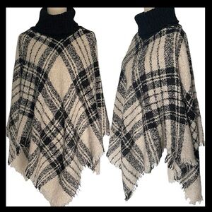 Cream/Black Turtle Neck Plaid Fringe Poncho